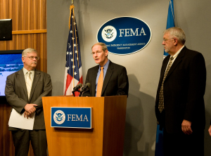 Washington, DC, June 20, 2008 -- FEMA Deputy Administrator and Chief Operating Officer Harvey Johnson (c) holds a press conference on the Midwest floods along with officials from the Environmental Protection Agency, the US Dept of Agriculture, US Army Corps of Engineers, USDA and other federal partners at FEMA Headquarters.  Glen Keppy (r), Farm Service Agency Associate Administrator for Progams, USDA, Ed Hecker (l), US Army Corps of Engineers.  Bill Koplitz/FEMA